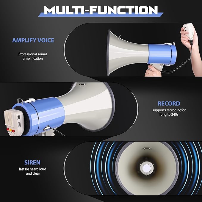 MyMealivos 50W Bluetooth Megaphone with Rechargeable Battery-Professional Bullhorn with Siren&240s Recording Supports USB/SD/3.5mm Aux-1600ft Range for Sports Police Emergency Outdoor Activities