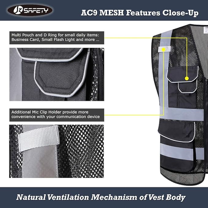 JKSafety 9 Pockets High Visibility Zipper Front Safety Vest With Reflective Strips,HQ Breathable Mesh, Oxford Fabric for pocket materials. Black Meets ANSI/ISEA Standards (XX-Large, 110-Black)
