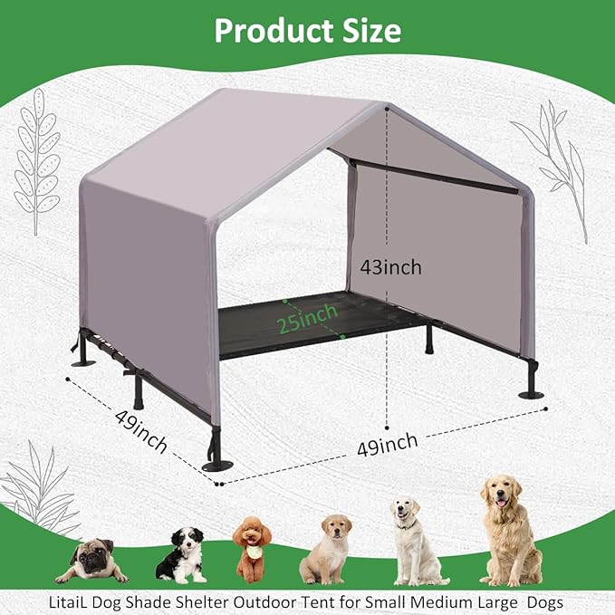 Dog Shade Shelter Outdoor Tent for Small Medium Large Dogs, Outside Sun Rain Canopy Pet House for Dogs Cats Livestock, Grey