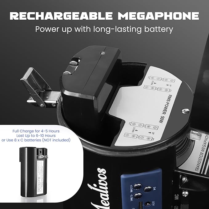 MyMealivos Bluetooth Megaphone with Siren Bullhorn 50 Watt Bullhorn Speaker with Detachable Microphone, Portable Lightweight Strap & 3.5mm Aux Input