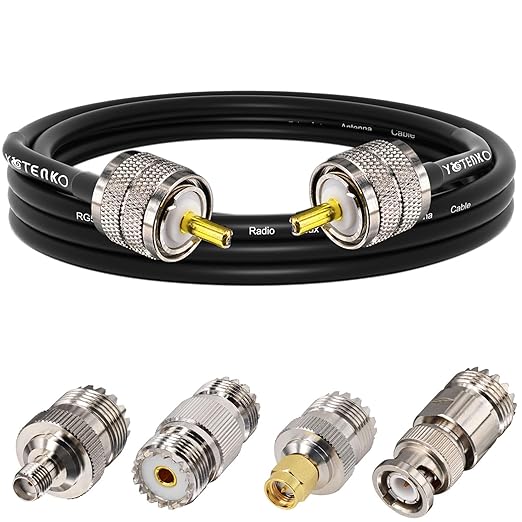 Ham Radio Coax Jumper 6FT RG58 Coaxial Cable 50 Ohm, PL259 Male to Male Coax + 4-Pack Adapter UHF SO239 Female to SMA/UHF/BNC, for CB, Amateur, Ham Radio