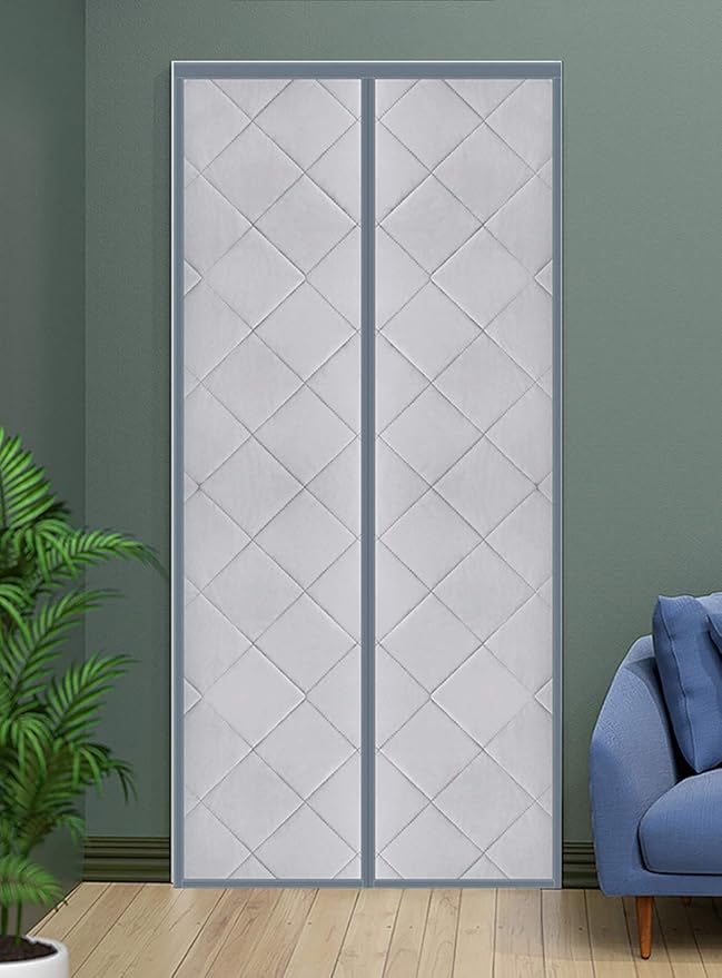 Magnetic Thermal Insulated Blackout Door Curtain Storm Wind Fleece Insulation Curtian Magnetic Screen Door with Thermal and Insulated Waterproof Noise Reduce 33"x82" Inch PU Leather Silver