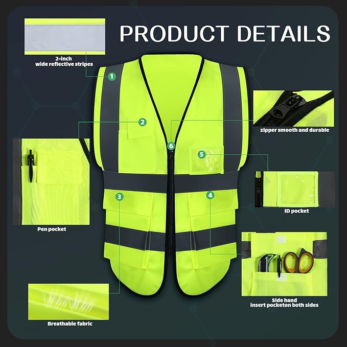 JaGely 15 Pack Reflective Safety Vests with Pockets and Zipper Construction Work High Visibility Vest for Men Women(X-Large,Fluorescent Green)