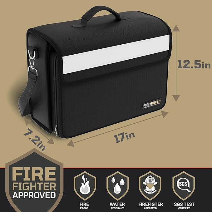 FIRESHIELD PRO 5200°F Fireproof Document Bag – Portable Water Resistant Briefcase /w Shoulder Strap, Tablet & Card Organizer – Multi-Pocket Storage for Travel, Home or Office – 17" x 12.5" x 7.2"