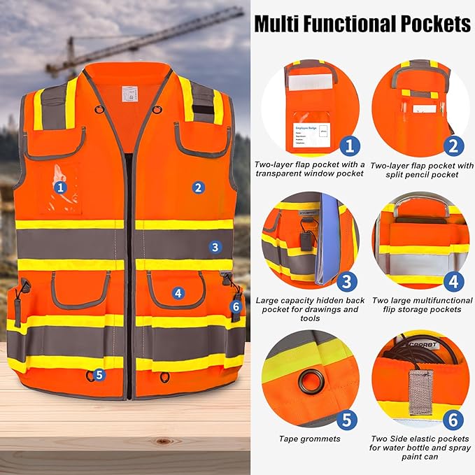 HYCOPROT Reflective Safety Vest Class 2 High Visibility Heavy Duty Construction Vest with Padded Neck,Meet ANSI/ISEA Standard