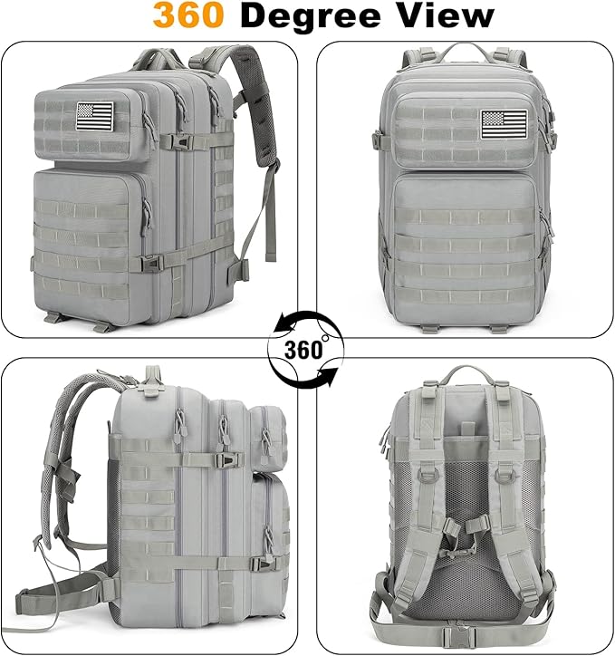 Tactical Backpack 45L Army Military Rucksack, Water Resistant MOLLE Pack, Large 3 Day Bug Out Bag for Men & Women, Durable Outdoor Gear for Hiking, Camping, Hunting, Travel (Grey)