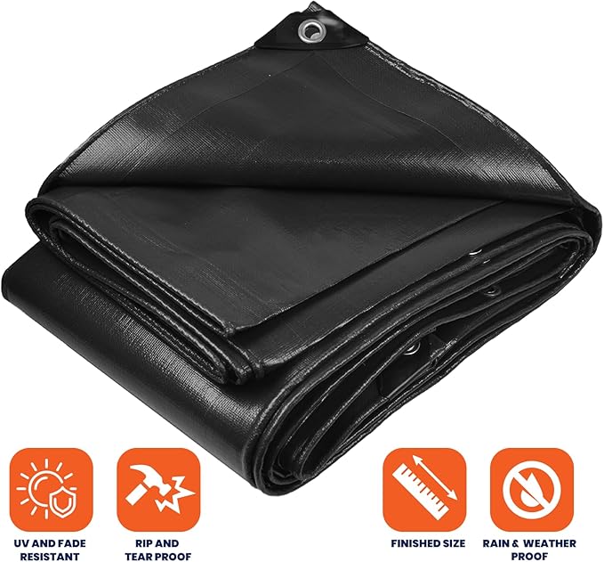 Tarpco Safety Extra Heavy Duty 14 Mil Tarp Cover, Waterproof, UV Resistant, Rip and Tear Proof, Poly Tarpaulin with Reinforced Edges for Roof, Camping, Patio, Pool, Boat (Black 24′ X 64′)