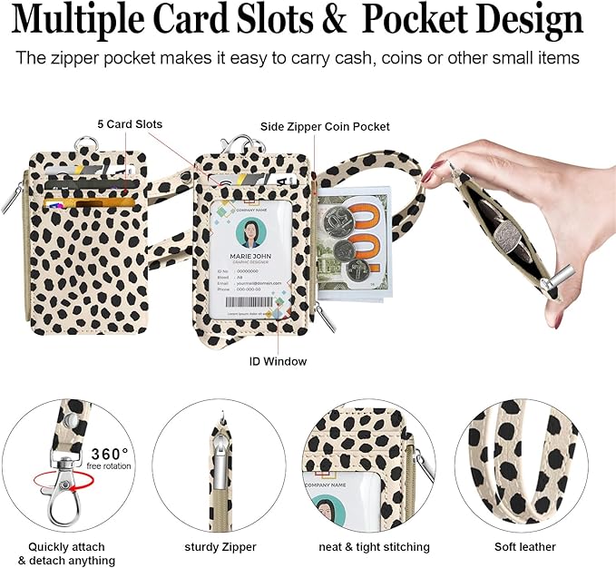 bolimoss Polka Dot Lanyard Wallet with Id Badge Holder Cute Leather Small Credit Card with 5 Card Slots, Side Zipper Coin Pocket,Breakaway Keychain Lanyards for Teacher School Nurse Office Worker