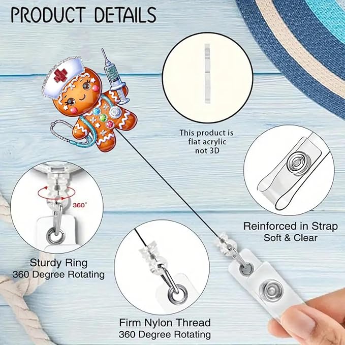 Christmas Gingerbread Man Badge Reel with Retractable Auscultation Nurse Badge Clip Christmas Badge Holder ID Card Name Tag Decor for RN CNA LPN Medical Worker | with 24” Durable Nylon Cord