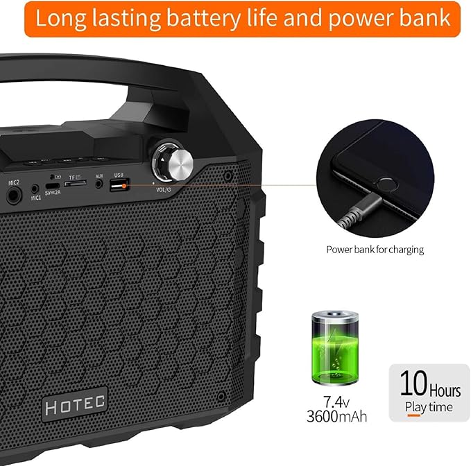 Hotec Wireless Bluetooth Portable PA Speaker System, Powerful Bluetooth Karaoke Machine with Dual Wireless Microphones for Karaoke, Wedding, Party, Teaching, Lecture, Church, Outdoor Indoor Activities