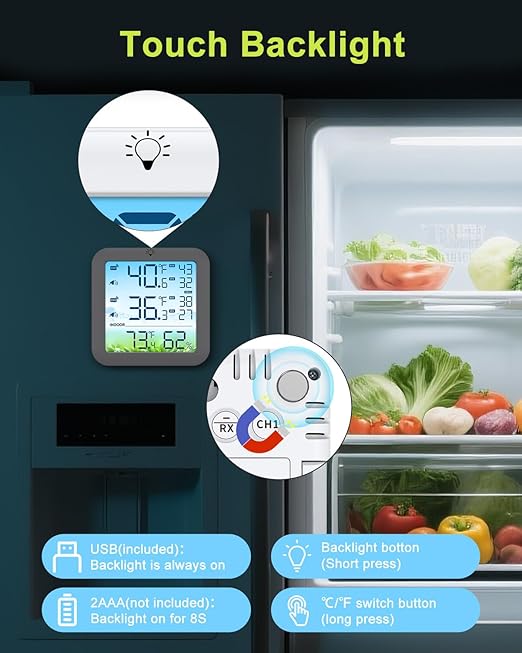 Wireless Fridge and Freezer Thermometer with Alarm, Max/Min Temperature Records Digital Refrigerator Thermometer, 328FT Remote Range, Magnetic & Stand Options for Kitchen Home Restaurant