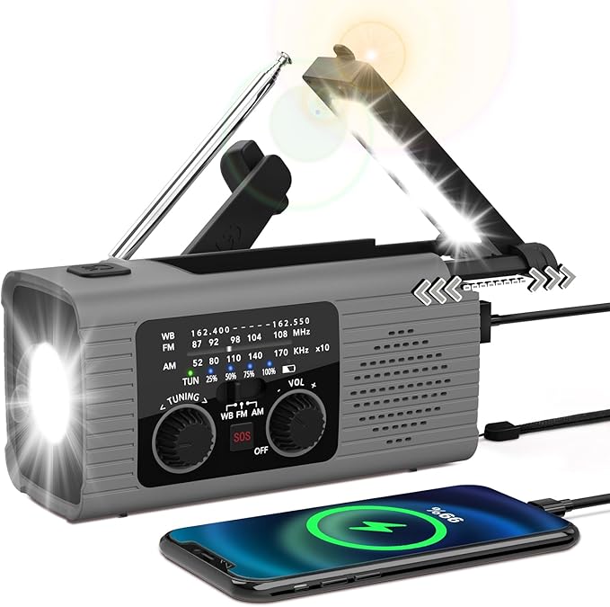 Emergency Radio 4000mAh Solar Hand Crank AM/FM/NOAA Portable Weather Radio with Phone Charger, LED Flashlight, Reading Lamp, SOS Alarm, Headphone Jack for Indoor Outdoor Emergency, USB Charged