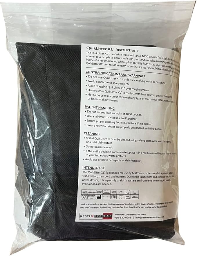 Rescue Essentials Quiklitter XL, Black Nylon Handles, Black Non-Woven Fabric, 1000 Lb Rated, Latex Free for Patient Transport and Casualty Evacuation