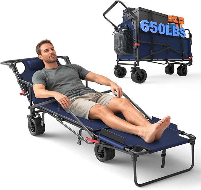 LEVELEVE Heavy Duty Folding Wagon - 2-in-1 Collapsible Cart, 650lb Capacity, All-Terrain Wheels w/Brakes & Side Pockets (Blue)