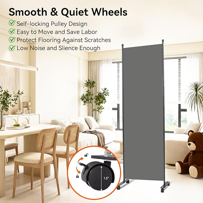 Room Divider 22''W Wall Divider for Room Partition (Heavy Duty Base) 1 Panel Partition Room Dividers, Freestanding Room Divider Screen Separation W/Wheels Folding Privacy Screen Panel Space Separator
