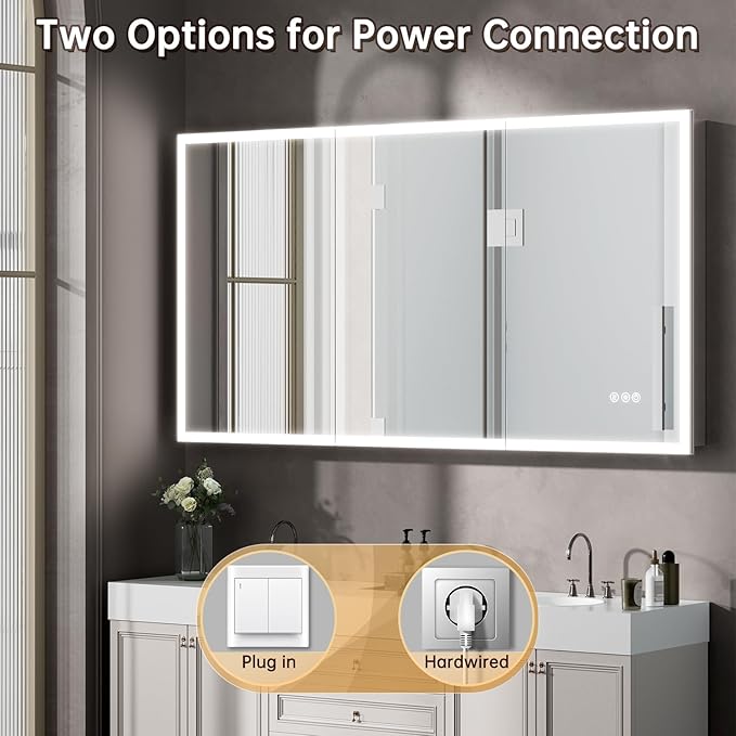60"x32" Medicine Cabinet Mirror, LED Lighted Medicine Cabinet with Electrical Outlet＆USB, Anti-Fog, 3 Colors Temperature Stepless Dimmable, Aluminum Cabinet for Storage and Mordern Decor
