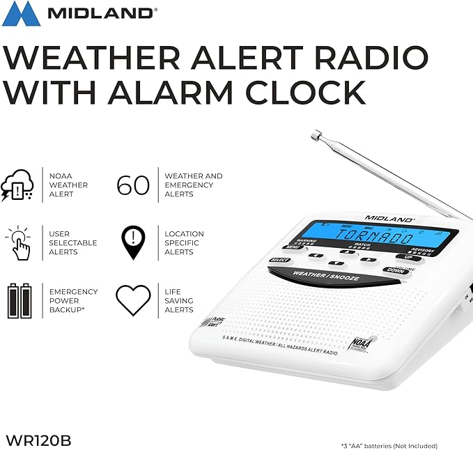 Midland - WR120B - NOAA Emergency Weather Alert Radio - Localized Programming, Trilingual Display, 60+ Emergency Alerts, Alarm, Selectable Alert Tone