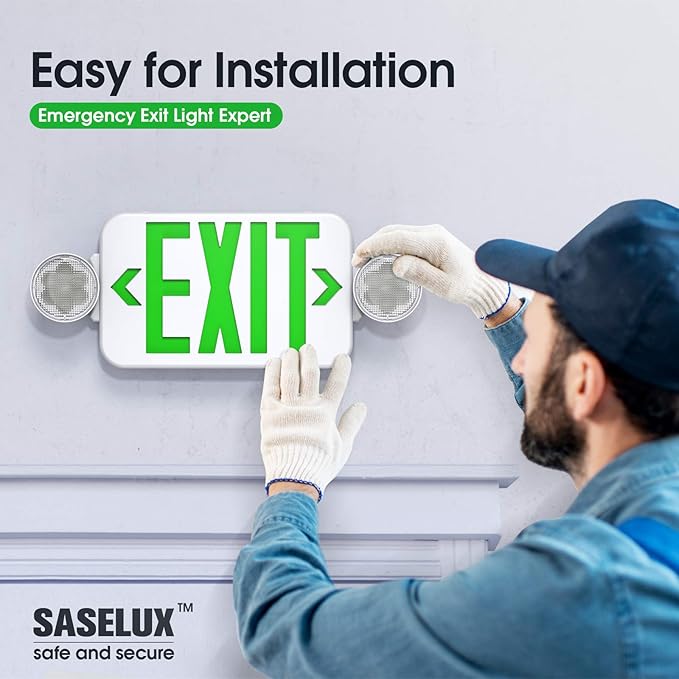 Green Led Exit Sign Emergency Light Combo Adjustable Two Head, Double Sided and Battery Backup Exit Light, Contractor Select, AC 120/277V (1 Pack)
