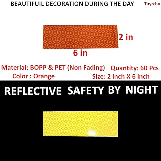Orange Reflective Stickers 2 inch X 6 inch, Outdoor Waterproof High Visibility Warning Safety Adhesive Reflector Tape (60 Pcs)