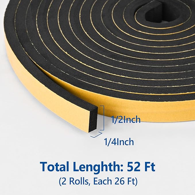 Self Adhesive Foam Tape Weatherstrip 1/2in x 1/4in x 52Ft High Density Foam Insulation Strips Foam Seal Weather Stripping with Strong Adhesive for Door and Window Sound Isolation Soundproofing