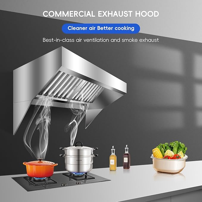 8FT Commercial Kitchen Exhaust Hood, Wall Mount Stainless Steel Vent Hood with 2 Detachable u-Shaped Filters, Rust-Resistant Food Truck & Restaurant Range Hood for Concession Trailer Cooking Station