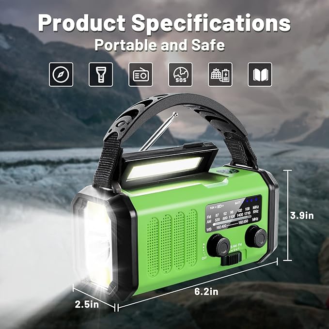 Emergency Hand Crank Radio with 10000mAh/37000mWh Battery Backup, AM FM NOAA Weather Radio, Type-C Charge,Solar Radio,SOS, 3 Modes LED Flashlight，Reading Lamp, Compass for Outdoor Survival