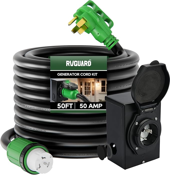 RVGUARD Emergency Power Combo Kit, 50 Foot 50 Amp Generator Cord and Power Inlet Box, NEMA 14-50P to SS2-50R Generator Cord with NEMA SS2-50P Pre-Drilled Generator Inlet Box, ETL Listed