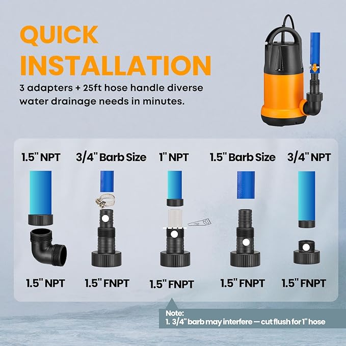 Submersible Water Pump With 25ft. Hose Kit, Sump Pump, Utility Pump with 25-Foot Power Cord, 4000GPH, Portable Water Pump for Swimming Pools, Garden Ponds, Basements, Multi-Purpose Drainage