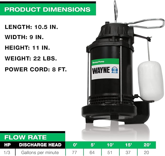 WAYNE CDU790-1/3 HP Submersible Cast Iron and Stainless Steel Sump Pump with Integrated Vertical Float Switch - Up to 4,600 Gallons Per Hour - Heavy Duty Basement Sump Pump, Black