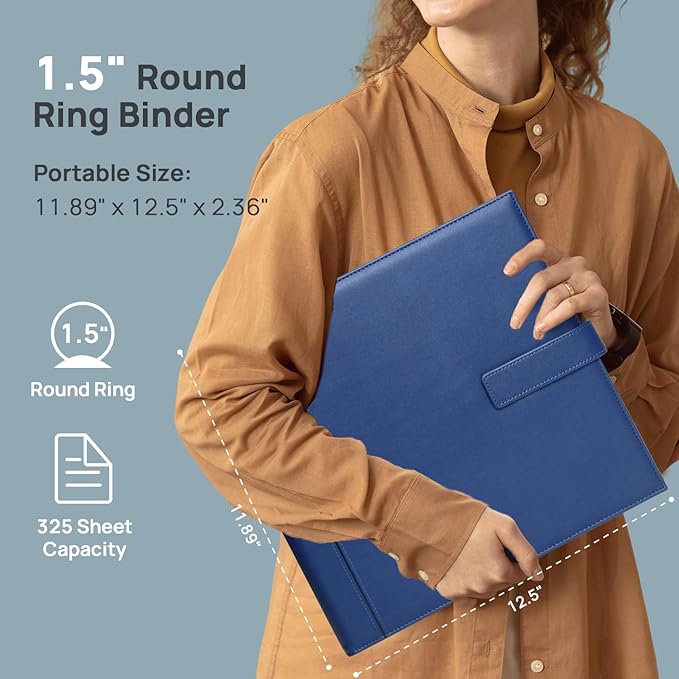 POPRUN PU Leather 1.5 Inch 3 Ring Binder, Professional Business Organizer- Includes PP Dividers, 100GSM / Grade AA Filler Papers, Card &Sticker for Tab- Ideal for Office Presentation Meetings, Blue