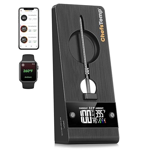 ChefsTemp ProTemp 2 Plus Needle Probe Wireless Meat Thermometer with Temperature Controller Unlimited Range Bluetooth & WiFi Enabled Smart Cooking Grilling Smoker BBQ Oven Kitchen (Stand + 1 Probe)