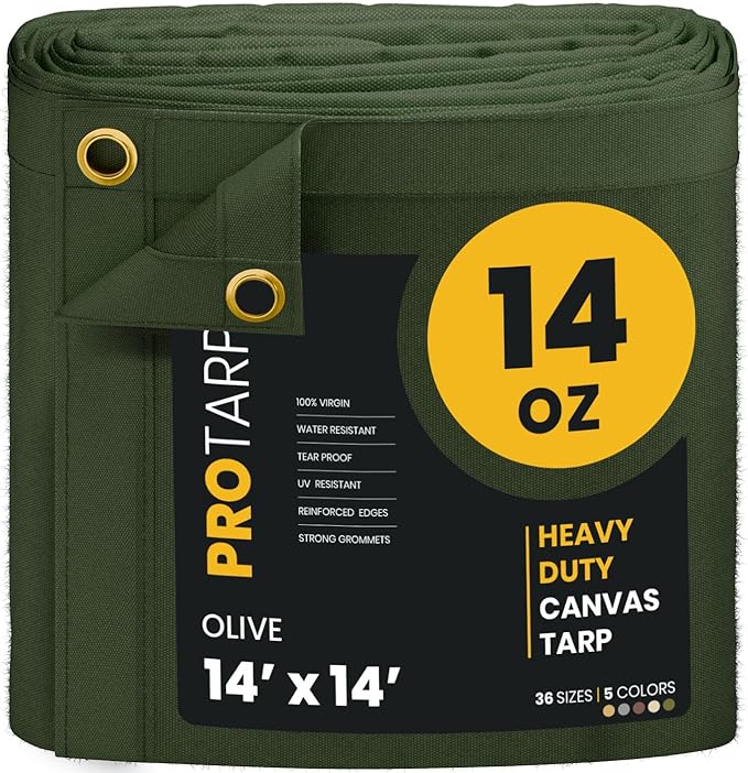 PROTARP Heavy Duty 14 OZ Water Resistant Canvas Tarp, UV Resistant Tarpaulin Cover with Rustproof Brass Grommets, Multipurpose for Canopy, Roof, Camping, Woodpile (Olive 14'X14')