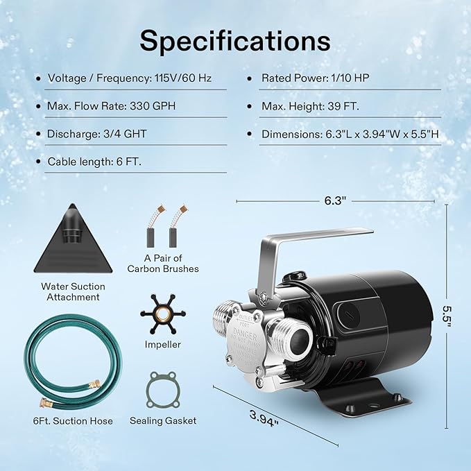 VIVOSUN 115V Water Transfer Pump, 1/10HP 330 GPH Portable Utility Pump with Water Hose Kit, Ideal for Removing Water from Gardens, Hot Tubs, Rain Barrels, Pools, Ponds, and Aquariums