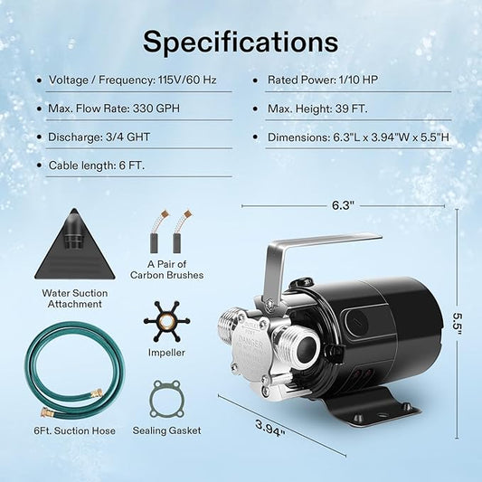 VIVOSUN 115V Water Transfer Pump, 1/10HP 330 GPH Portable Utility Pump with Water Hose Kit, Ideal for Removing Water from Gardens, Hot Tubs, Rain Barrels, Pools, Ponds, and Aquariums