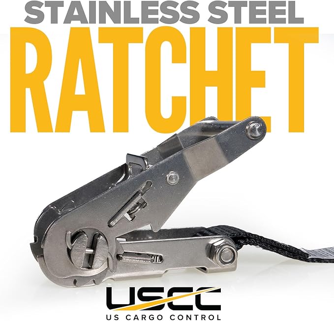 US Cargo Control Stainless Steel Ratchet Strap with S-Hooks, 1" X 10', 765 LBS Break Strength, Marine Tie Down Straps for Boats, ATVs, Trees, Camping, Snow, Saltwater Applications