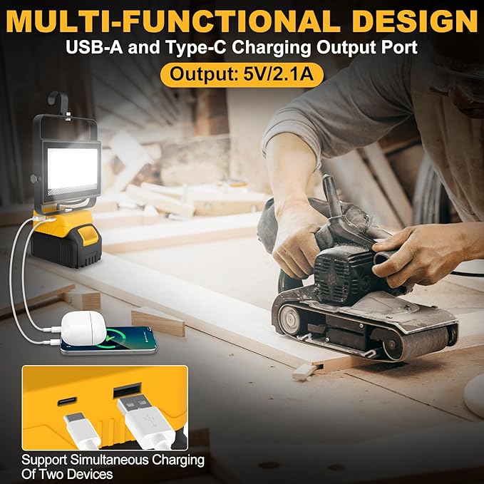 60W 6000LM Cordless Work Light for Dewalt 20V Battery (Battery Not Included), Portable LED Flashlgiht Flood Light with USB &Type C Charging for Job Site, Emergency, Fishing, Camping