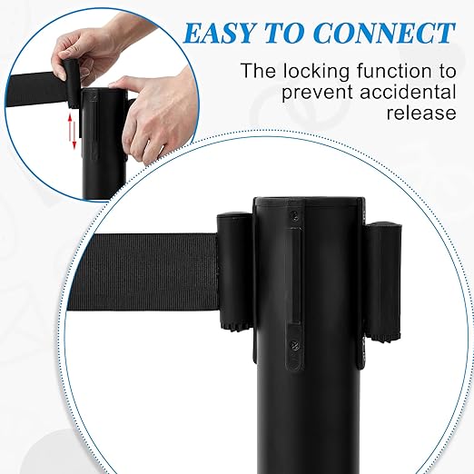 Geelin 6 Pack 9.8 ft Heavy Duty Crowd Control Stanchions Stainless Steel Stanchion Set with 6 Safety Barrier Post with Retractable Belt and 1 Sign Holder Crowd Control Barrier (Black)