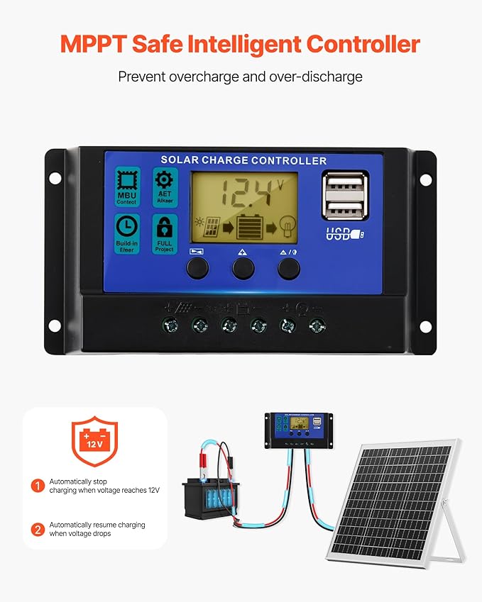VEVOR 20W 12V Solar Panel Battery Charger, Solar Battery Trickle Charger Maintainer with Intelligent MPPT Controller & Adjustable Mount Bracket, IP67 Waterproof for Car Boat RV Motorcycle Trailer