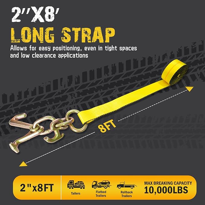 4PCs 2" x8' Recovery Winch Strap w/RTJ Cluster Hook, 10000LBS Tow Truck Car Wrecker Winch Tie Down Straps, Heavy Duty Autohauler Car Tie Down Straps