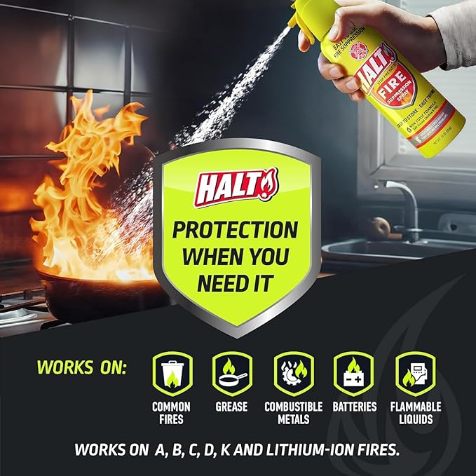 HALT! 10oz Fire Safety Spray – Non-Toxic, PFAS-Free Handheld Fire Suppressor – Easy to Use, Store & Find – Compact & Portable for Home, Kitchen, Car, BBQ, Camping & Tailgate – Made in USA (Single)