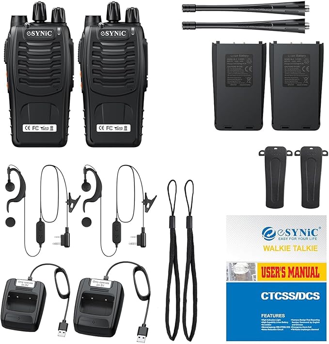 eSynic 2 Pack Walkie Talkies 5KM Long Range Walky Talky 16CH Rechargeable VOX 2 Way Radios with 2 Headsets & Belt Clips Wonderful Gifts for Kids & Adults for Camping, Hiking, Job Site & Family Use