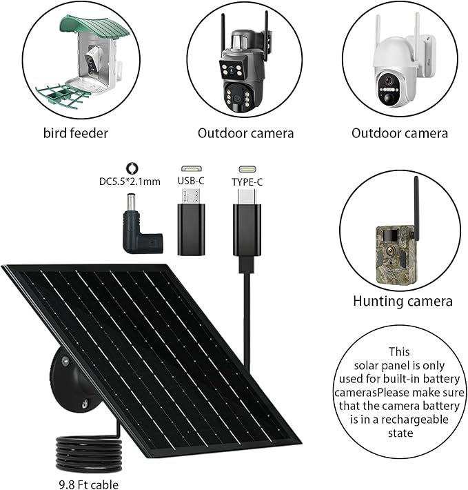 6W 5V Solar Panels for Security Cameras Type-C Micro USB C DC Port Solar Panel 5V Compatible with Recharged Battery Cameras Outdoor IP65 Waterproof 360° Adjustable Mount 9.8ft Cable 1 Black