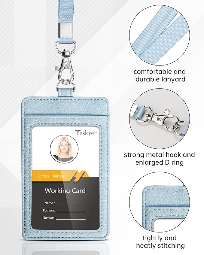 Teskyer Badge Holder with Lanyard, Leather ID Name Badge Card Holder with Lanyard for ID Badges, Vertical, Lychee Pattern Cyan