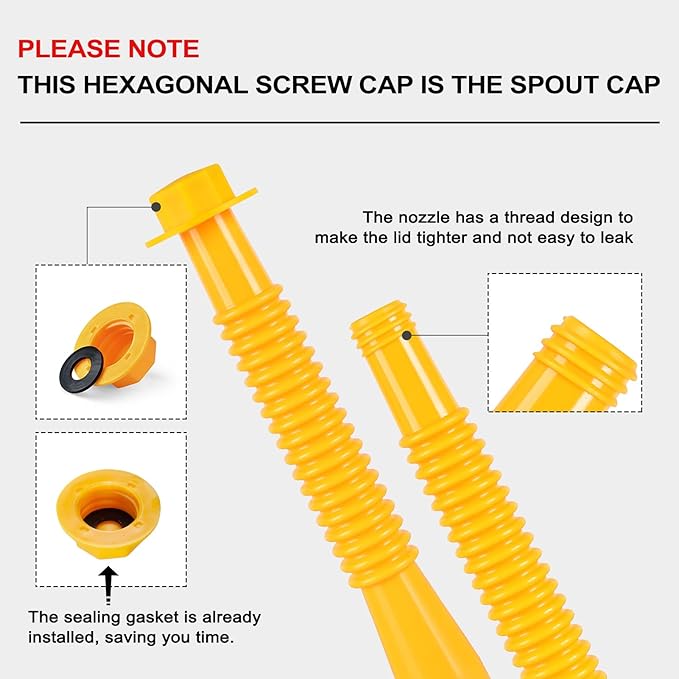 Gas Can Spout Replacement, Gas Can Nozzle Replacement (3 Kits-Yellow). for 1/2/5/10 gallon gas cans. Upgraded replacement gas can spout with flexible nozzle, vent cap, thick rubber pad, spout cover
