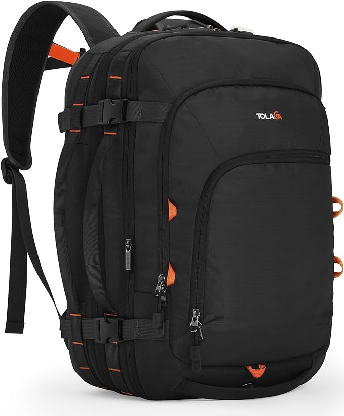 Tolaccea Travel Backpack, TSA Friendly Flight Approved Carry-on Luggage Water-resistant Business Rucksack, Durable Large Computer Bag Daypack Fits 15.6 Inch Laptop, 35-45L Expandable - Black