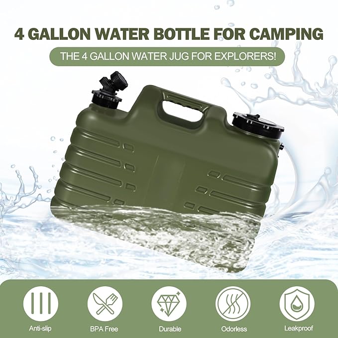 REDCAMP 4 Gallon/15L Portable Water Container with Spigot, Camping Water Jug, Water Containers, Water Tank, Portable Emergency Water Storage for Camping, Car, Hiking, Green, 4Pack