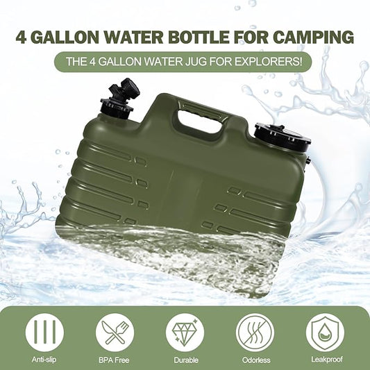 REDCAMP 4 Gallon/15L Portable Water Container with Spigot, Camping Water Jug, Water Containers, Water Tank, Portable Emergency Water Storage for Camping, Car, Hiking, Green, 4Pack
