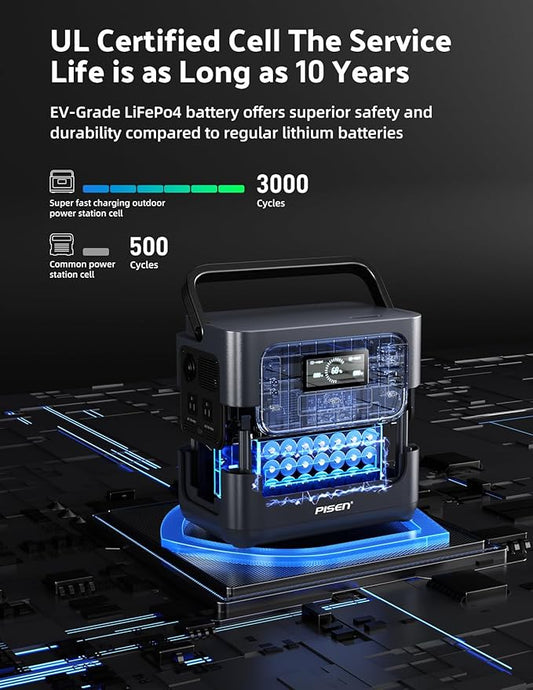 PISEN Portable Power Station 1000W, Solar Generator with Fast Charging, 1008WH LiFePO4 Battery for Home Backup Power, Travel, Camping and RVs