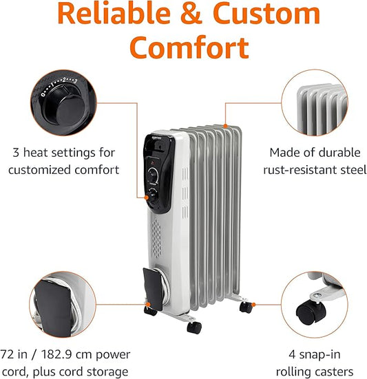 Amazon Basics Portable Oil Radiator Heater for Indoor Use, 3 Heat Settings, Over-Heat Protection, ETL-certified Safety, 7 Oil-Filled Steel Fins, 1500W, 11"D x 14.8"W x 25.2"H, White