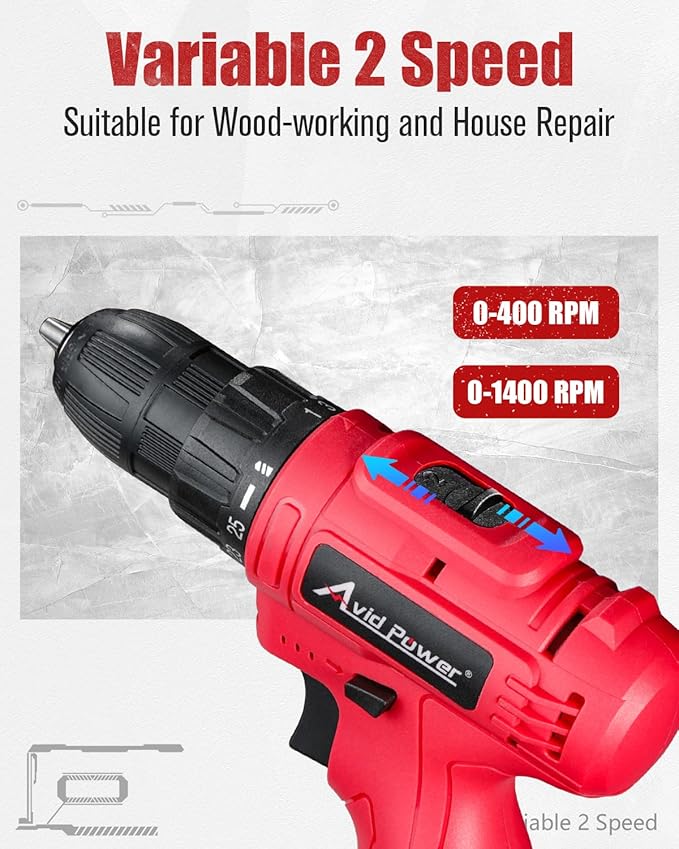 AVID POWER 12V Cordless Drill, 3/8-Inch Keyless Chuck, High-Speed 1400 RPM & 25+1 Torque Control, Electric Power Drill Kit with 21pcs Bits, Battery and Charger